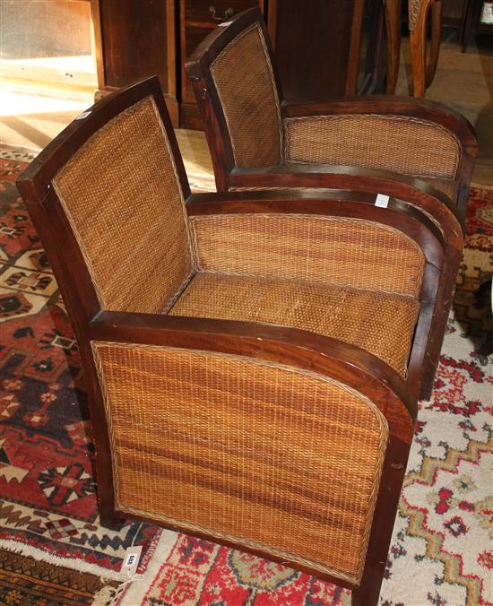 Pair wicker & wood armchairs